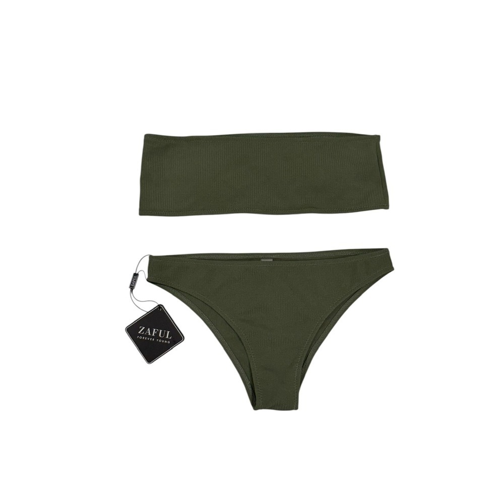 Zaful Olive Green Ribbed Bandeau Bikini Set Strapless Two Piece Swimsuit Small - Picture 2 of 4